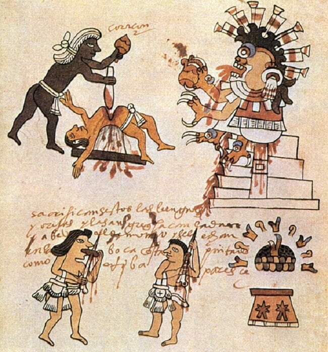 Иллюстрация обрядов жертвоприношения у ацтеков