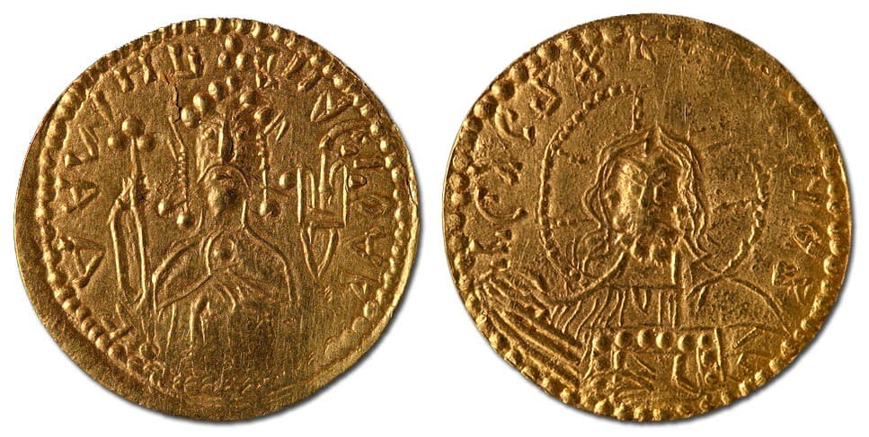 Фото золотой монеты (златника) владимира святославича с двух сторон