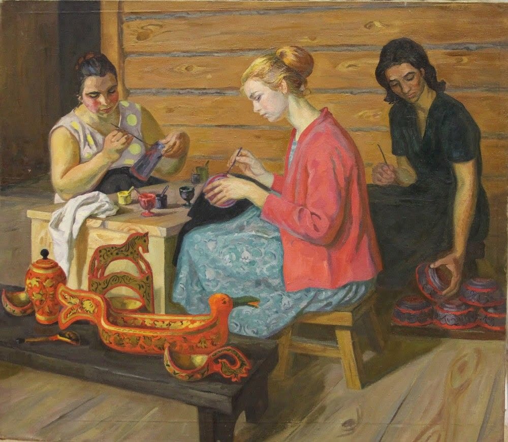 Картина, где женщины расписывают деревянные изделия